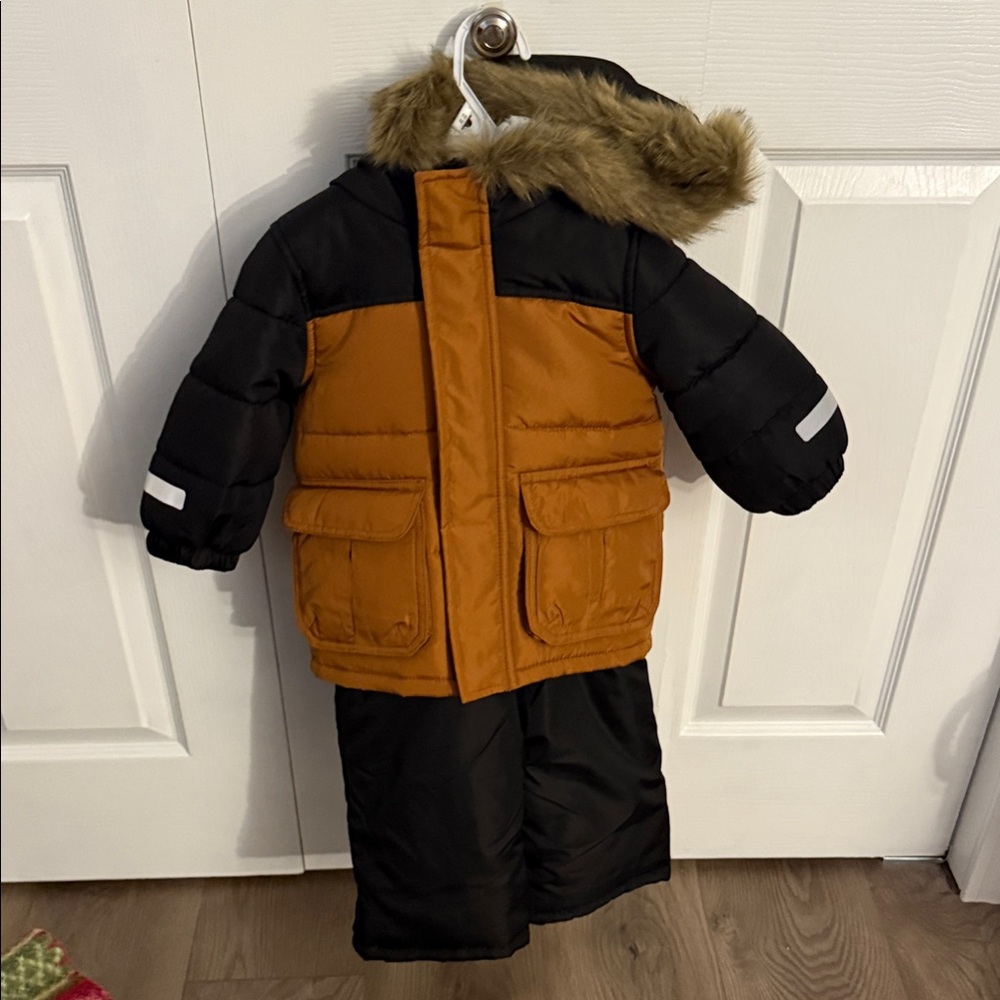 Carter's Orange and Black Puffer Jacket with Fur Hood